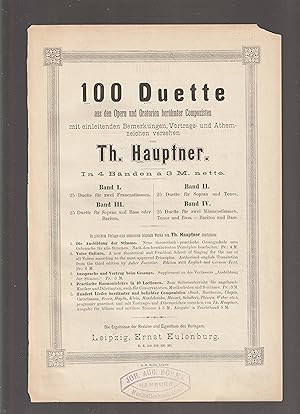 Immagine del venditore per 25 Duette fr Sopran und Bass Oder Baryton.Band III von "100 Duette aus den Opern und Oratorien berhmter Komponisten".: Mit einleitenden Bemerkungen, Vortrags- und Atemzeichen versehen von Th. Hauptner. Fr Klavier zu 2 Hnden mit berlegten Singstimmen venduto da Meir Turner