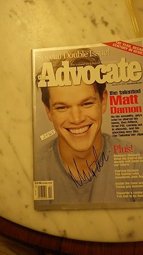 Seller image for THE ADVOCATE , January 18, 2000, National Gay & Lesbian NewsMagazine, Hollywood Actor Matt Damon on Cover in Blue Sweater, SIGNED By Hollywood Star of Talented Mr. Ripley, incluDes Matthew Shepard Trial & Jail Life of His Killers,Aaron McKinney & Russell for sale by Bluff Park Rare Books