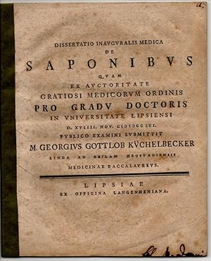 Bild des Verkufers fr Medizinische Inaugural-Dissertation. De saponibus (ber Seife). zum Verkauf von Wissenschaftliches Antiquariat Kln Dr. Sebastian Peters UG