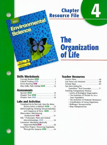 Beispielbild fr Holt Environmental Science Chapter 4 Resource File: The Organization of Life zum Verkauf von Iridium_Books