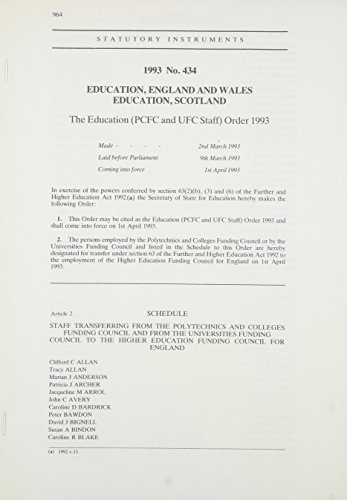 9780110334349: The Education (PCFC and UFC Staff) Order 1993: Education, England and Wales679.00:0/01 (Statutory Instruments: 1993: 434)