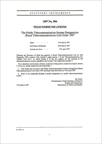 9780110643618: The Public Telecommunication System Designation (Racal Telecommunications Ltd) Order 1997: Telecommunications (Statutory Instruments: 1997: 904)