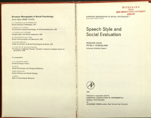 Beispielbild fr Speech Style and Social Evaluation zum Verkauf von Better World Books