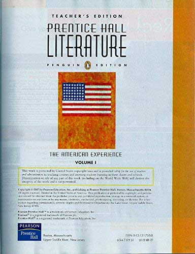 Beispielbild fr Prentice Hall Literature: Penguin Edition, The American Experience Teacher's Edition Volume 1 zum Verkauf von Books Unplugged