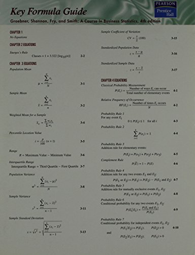 Course in Business Statistics: Formula Guide (9780131864337) by Groebner, David F.
