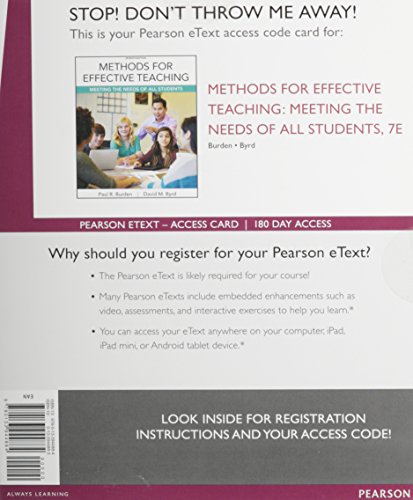 Imagen de archivo de Methods for Effective Teaching: Meeting the Needs of All Students, Enhanced Pearson eText -- Access Card (7th Edition) a la venta por BooksRun