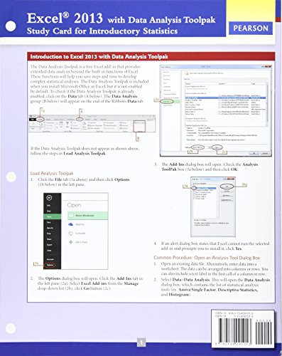 9780134091013: Excel 2013 with Data Analysis Toolpak Study Card for Introductory Statistics