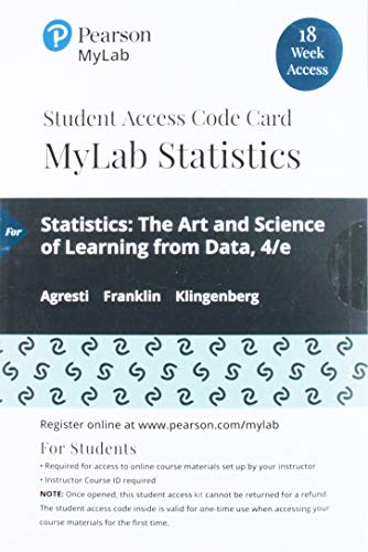 Imagen de archivo de MyLab Statistics with Pearson eText -- 18 Week Standalone Access Card -- for Statistics: The Art and Science of Learning from Data a la venta por jasonybooks