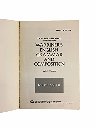 Stock image for Teacher's Manual with Answer Keys - Fourth Course (Warriner's English Grammar & Composition) for sale by Once Upon A Time Books