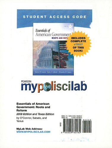 Essentials of American Government: Mypoliscilab Student Access Code Card (9780205782482) by O'connor, Karen J.; Sabato, Larry J.; Yanus, Alixandra B.