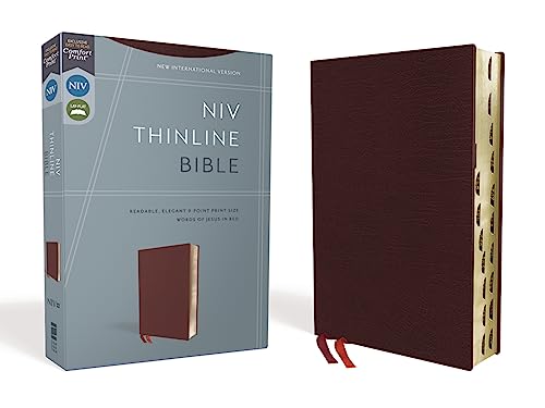 Stock image for NIV, Thinline Bible, Bonded Leather, Burgundy, Red Letter, Thumb Indexed, Comfort Print for sale by GF Books, Inc.