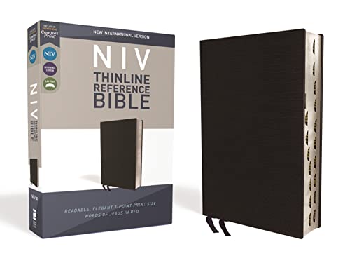 Imagen de archivo de NIV, Thinline Reference Bible, Bonded Leather, Black, Red Letter, Thumb Indexed, Comfort Print a la venta por Omega