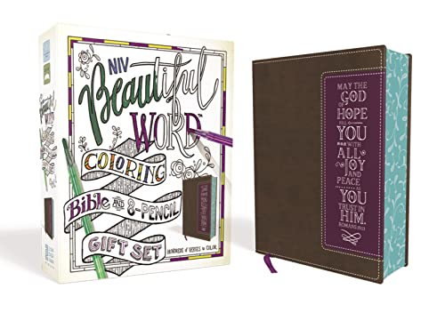 Stock image for NIV, Beautiful Word Coloring Bible and 8-Pencil Gift Set, Leathersoft, Brown/Purple: Hundreds of Verses to Color for sale by Books-FYI, Inc.