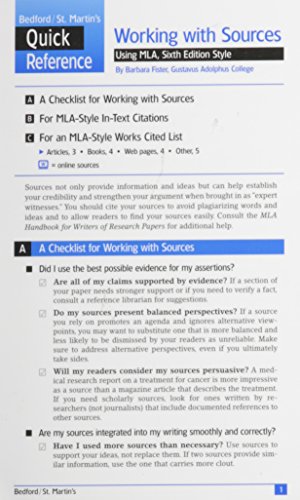 Stock image for Working With Sources Using MLA Quick Reference Card for sale by SecondSale