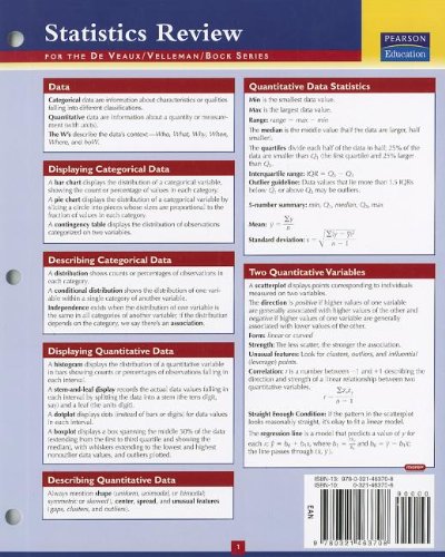 Beispielbild fr Statistics Study Card for the Deveaux/Velleman/Bock Series zum Verkauf von ThriftBooks-Dallas