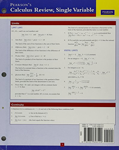 Pearson's Calculus Review: Single Variable (9780321608109) by Thomas Jr., George B.; Weir, Maurice D.; Hass, Joel R.