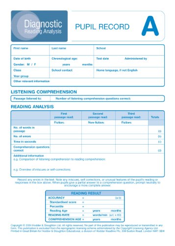 Diagnostic Reading Analysis: Pupil Record A PK10 (Diagnostic Reading Analysis Series) (9780340882597) by McCarty, Colin; Crumpler, Mary