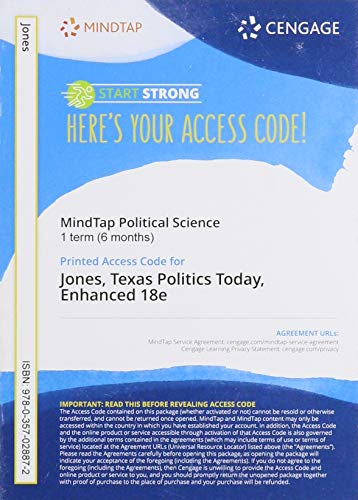 Beispielbild fr MindTap for Jones/Maxwell/Crain/Davis/Wlezien/Flores' Texas Politics Today, Enhanced, 1 term Printed Access Card zum Verkauf von BooksRun