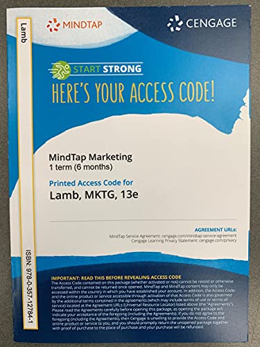 Imagen de archivo de MindTap Marketing 1 term (6 months) Printed Access Code for Lamb, MKTG, 13th ed a la venta por BookHolders