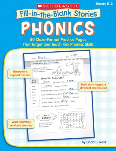 9780439458634: Phonics: 50 Cloze-Format Practice Pages That Target and Teach Key Phonics Skills, Grades K-2 (Fill-in-the-Blank Stories)
