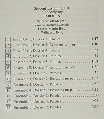 Student Listening (Audio) CD to Accompany Paroles (9780470002513) by Magnan, Sally Sieloff; Berg, William J.; Ozzello, Yvonne Rochette; Martin-Berg, Laurey
