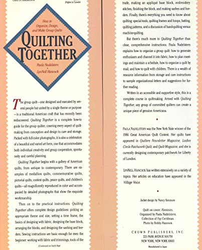Beispielbild fr Quilting Together: How to Organize, Design, and Make Group Quilts zum Verkauf von HPB-Emerald