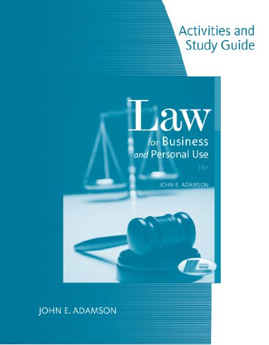 Imagen de archivo de Activities and Study Guide for Adamson's Law for Business and Personal Use, 18th a la venta por Booksaver4world