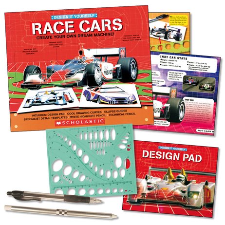 Stock image for Design it Yourself: Race Cars, RRP £6.99 (Spiral-bound 32-page hardback with pad, curves, stencils, highlight pencil, metallic pencil). for sale by WorldofBooks