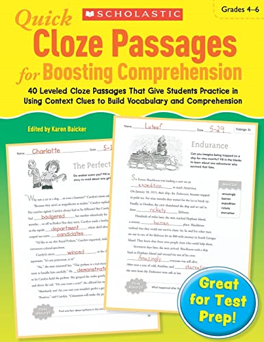 Stock image for Quick Cloze Passages for Boosting Comprehension Grades 4-6 : 40 Leveled Cloze Passages That Give Students Practice in Using Context Clues to Build Vocabulary and Comprehension for sale by Better World Books