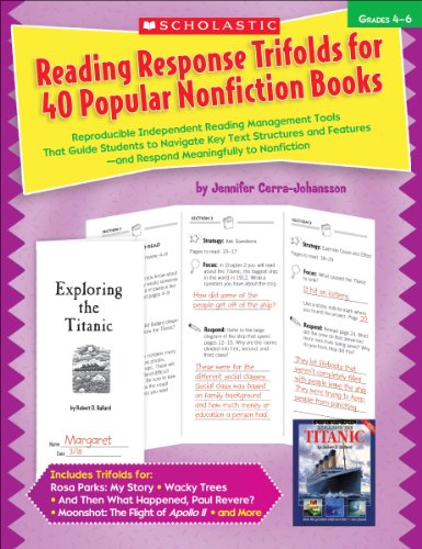 Beispielbild fr Reading Response Trifolds for 40 Popular Nonfiction Books, Grades 4-6 : Reproducible Independent Reading Management Tools That Guide Students to Navigate Key Text Structures and Features-And Respond Meaningfully to Nonfiction zum Verkauf von Better World Books