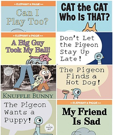 Stock image for Mo Willems Set of 8 Paperback Books Includes Can I Play Too?, a Big Guy Took My Ball, Cat the Cat Who Is That?, Knuffle Bunny, the Pigeon Finds a Hot Dog!, Dont Let Pigeon the Stay up Late!, the Pigeon Wants a Puppy!, My Friend Is Sad for sale by Read&Dream