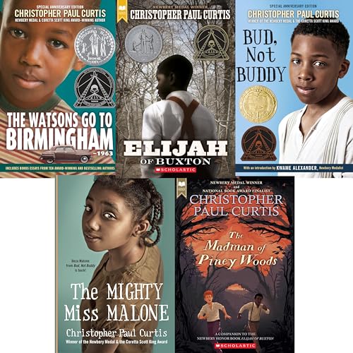 Stock image for Christopher Paul Curtis Set of 5 Award Winning Paperbacks Includes the Madman of Piney Woods, the Watsons Go to Birmingham, Bud, Not Buddy, Elijah of Buxton & the Mighty Miss Malone for sale by Your Online Bookstore