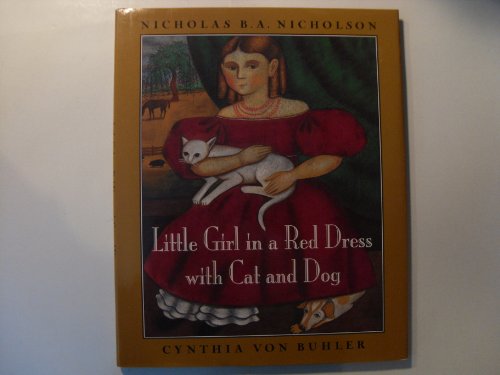 LITTLE GIRL IN A RED DRESS WITH CAT AND DOG