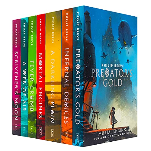 Stock image for Mortal Engines Collection 7 Books Set by Philip Reeve (Mortal Engines, Predator's Gold, Infernal Devices, A Darkling Plain, Fever Crumb, A Web of Air & Scrivener's Moon) for sale by GF Books, Inc.