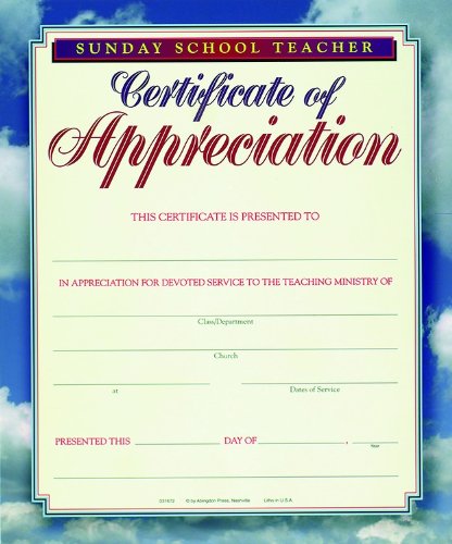 9780687031672: Certificate - Sunday School Teacher Appreciation Full Color 8 X 10 (Package of 6)