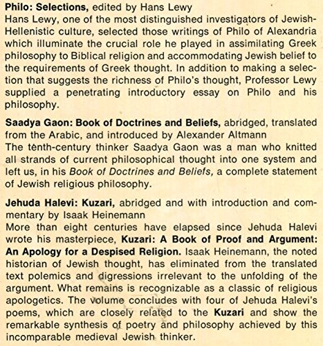 Stock image for Three Jewish Philosophers : Philo, Saadya, Gaon, Jehuda, Halevi for sale by Better World Books