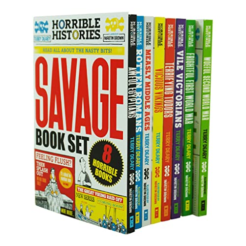 Imagen de archivo de Horrible Histories Savage 8 Book Collection Set By Terry Deary (Awful Egyptians, Rotten Romans, Vicious Vikings, Measly Middle Ages, Terrifying Tudors, Vile Victorians, Frightful First World War & Woeful Second World War) a la venta por Books Unplugged