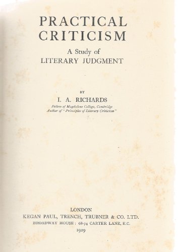 Beispielbild fr Practical Criticism. A Study of Literary Judgment zum Verkauf von Pallas Books Antiquarian Booksellers