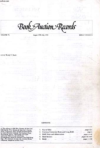 Imagen de archivo de BOOK AUCTION RECORDS: A PRICED AND ANNOTATED ANNUAL RECORD OF INTERNATIONAL BOOK AUCTIONS VOLUME 76, 1978-79. a la venta por Cambridge Rare Books