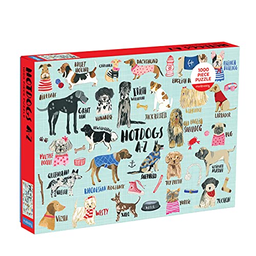 Stock image for Mudpuppy Hot Dogs A-Z Puzzle, 1,000 Piece Dog Jigsaw Puzzle, 27?x20?, Perfect for Ages 8-99+, Family Puzzle to Celebrate Dogs, Illustrations of 26 Dog Breeds, Great Gift for Dog Lovers for sale by Save With Sam