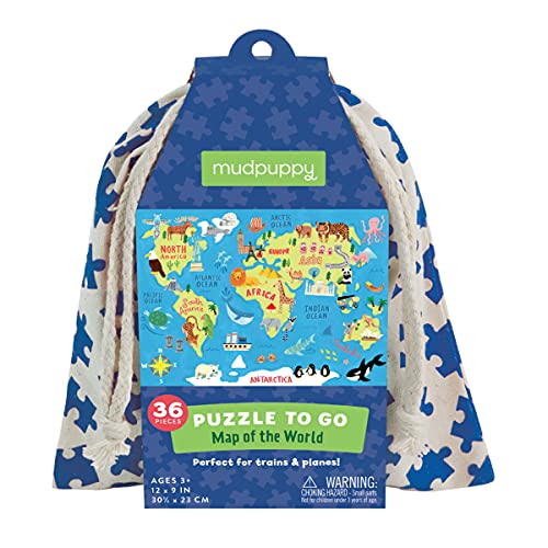 Beispielbild fr Mudpuppy Map of the World Puzzle To Go, 36 Pieces, 12x9 Kids Ages 3+ - Colorful Map with Illustrations of Iconic Landmarks Packaged in Travel-Friendly Drawstring Fabric Pouch Perfect for Planes zum Verkauf von Lakeside Books