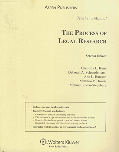 Beispielbild fr Process of Legal Research: TEACHER'S MANUAL. zum Verkauf von HPB-Red