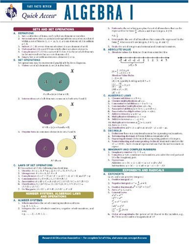 Beispielbild fr Algebra 1 - REA's Quick Access Reference Chart (Quick Access Reference Charts) zum Verkauf von Front Cover Books