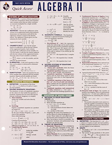 Stock image for Algebra 2 - REA's Quick Access Reference Chart (Quick Access Reference Charts) for sale by BooksRun