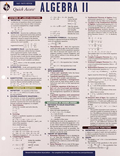 Stock image for Algebra 2 - REA's Quick Access Reference Chart (Quick Access Reference Charts) for sale by SecondSale