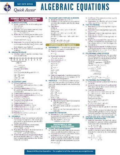 Beispielbild fr Algebraic Equations - REA's Quick Access Reference Chart (Quick Access Reference Charts) zum Verkauf von Front Cover Books