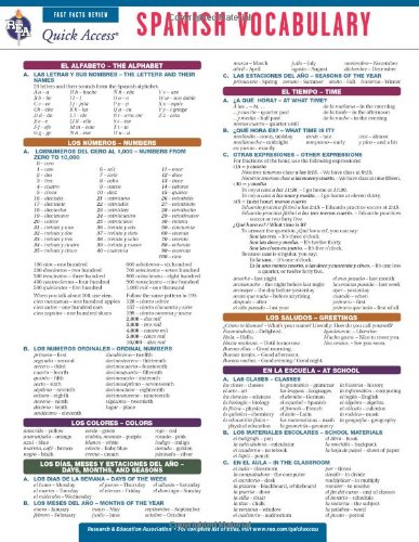 Imagen de archivo de Spanish Vocabulary - REA's Quick Access Reference Chart (Quick Access Reference Charts) (English and Spanish Edition) a la venta por GF Books, Inc.