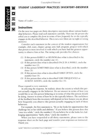 9780787944278: Student Leadership Practices Inventory: Observer Instrument (2 Page Insert, NCR Paper) (J–B Leadership Challenge: Kouzes/Posner)