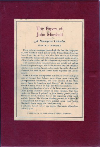 THE PAPERS OF JOHN MARSHALL. A Descriptive Calendar. 2 Volumes.