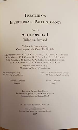 Beispielbild fr Arthropoda 1 Part O Trilobita, Revised Volume 1 : Introduction, Order Agnostida, Order Redlichiida Treatise on Invertebrate Paleontology zum Verkauf von Chequamegon Books